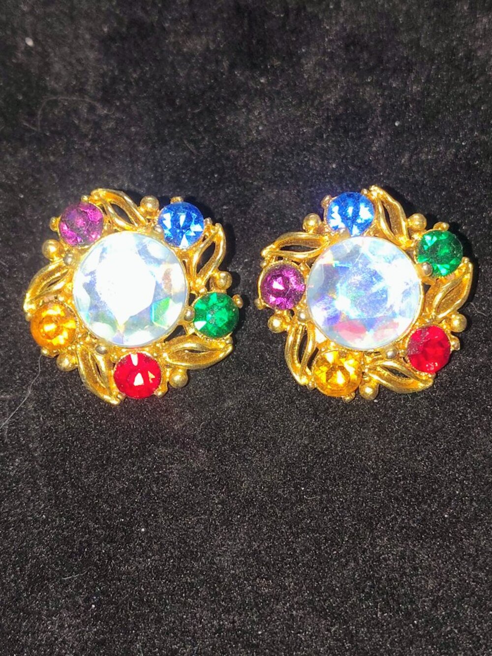 Vintage Multi‑Color Rhinestone Statement Earrings – AB Crystal Center – 1.1"